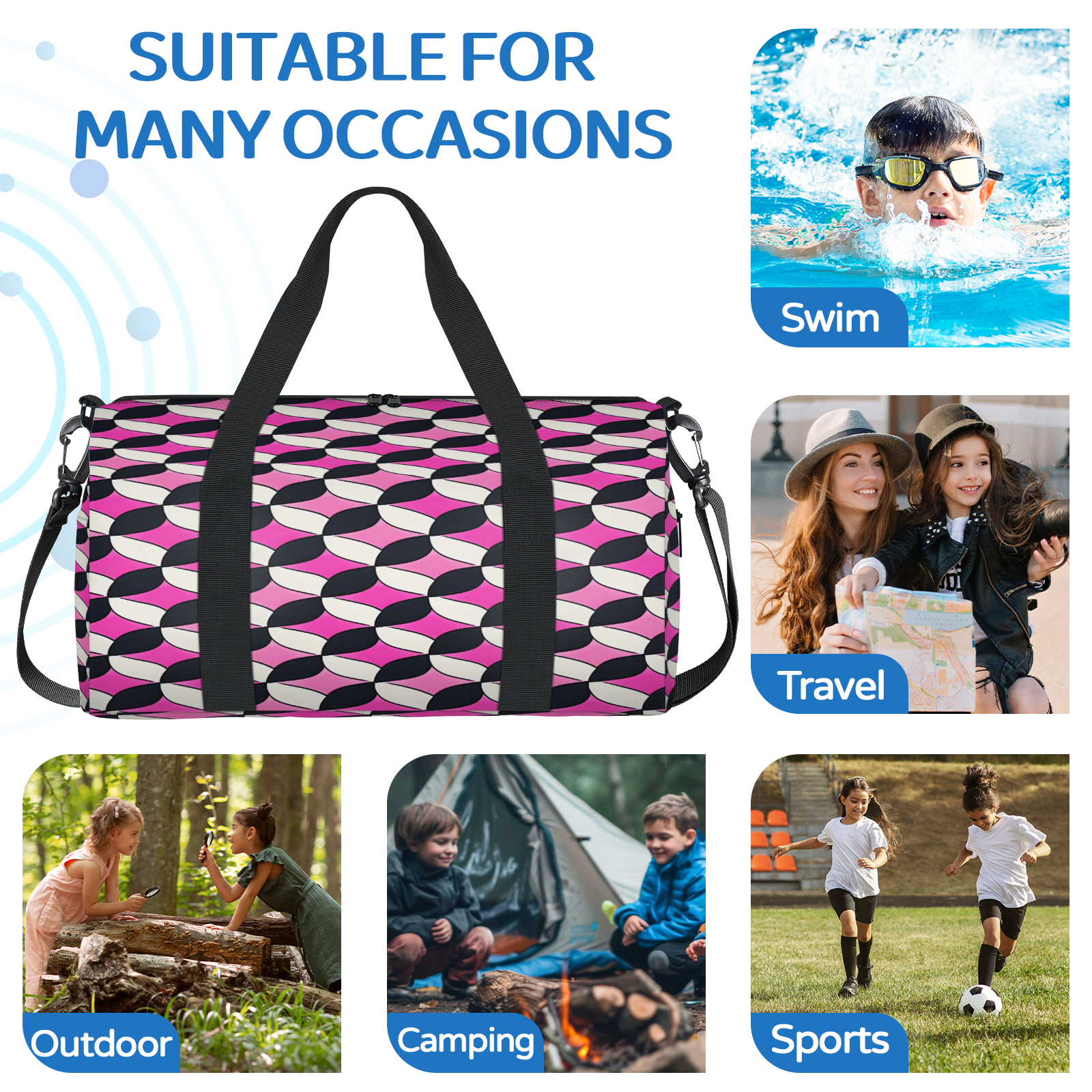 Herdesigns Pink and Black Travel Duffle Bag Sports Yoga Weekender Overnight Carry on Workout Bags Lightweight Waterproof Gym Tote Bag for Women Geometric