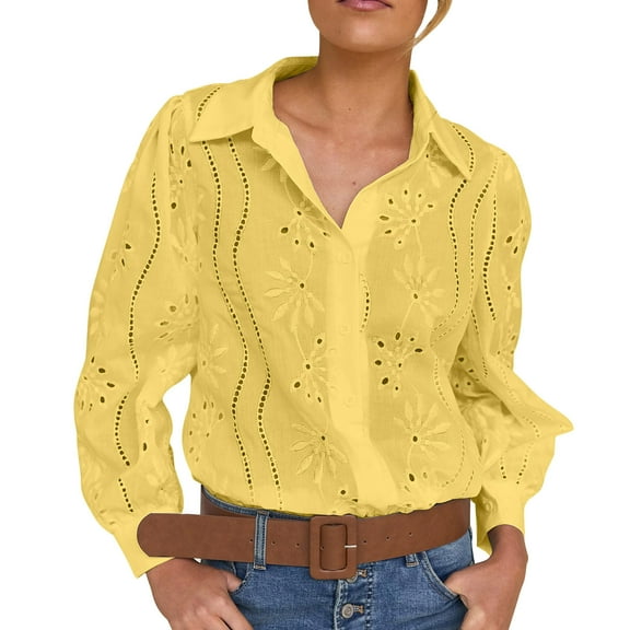 Womens Button Down Dressy Blouses, Short Sleeve Shirts for Women Fall Fashion Hollow Floral Solid Color Lapel T-Shirts