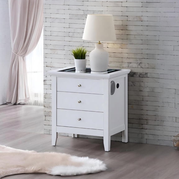 Noble House Hammond 3-Drawer Nightstand with USB Charging, Speakers, White