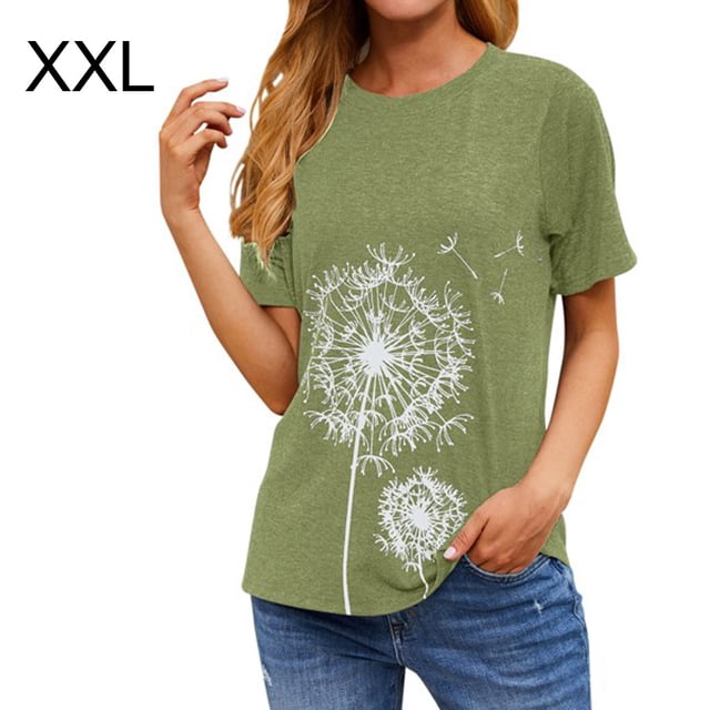 Camiseta Cuello Redondo Impreso Mujer Tops Poliéster Manga Corta Verano Tela, Verde Claro, XXL Inevent AP002414-20
