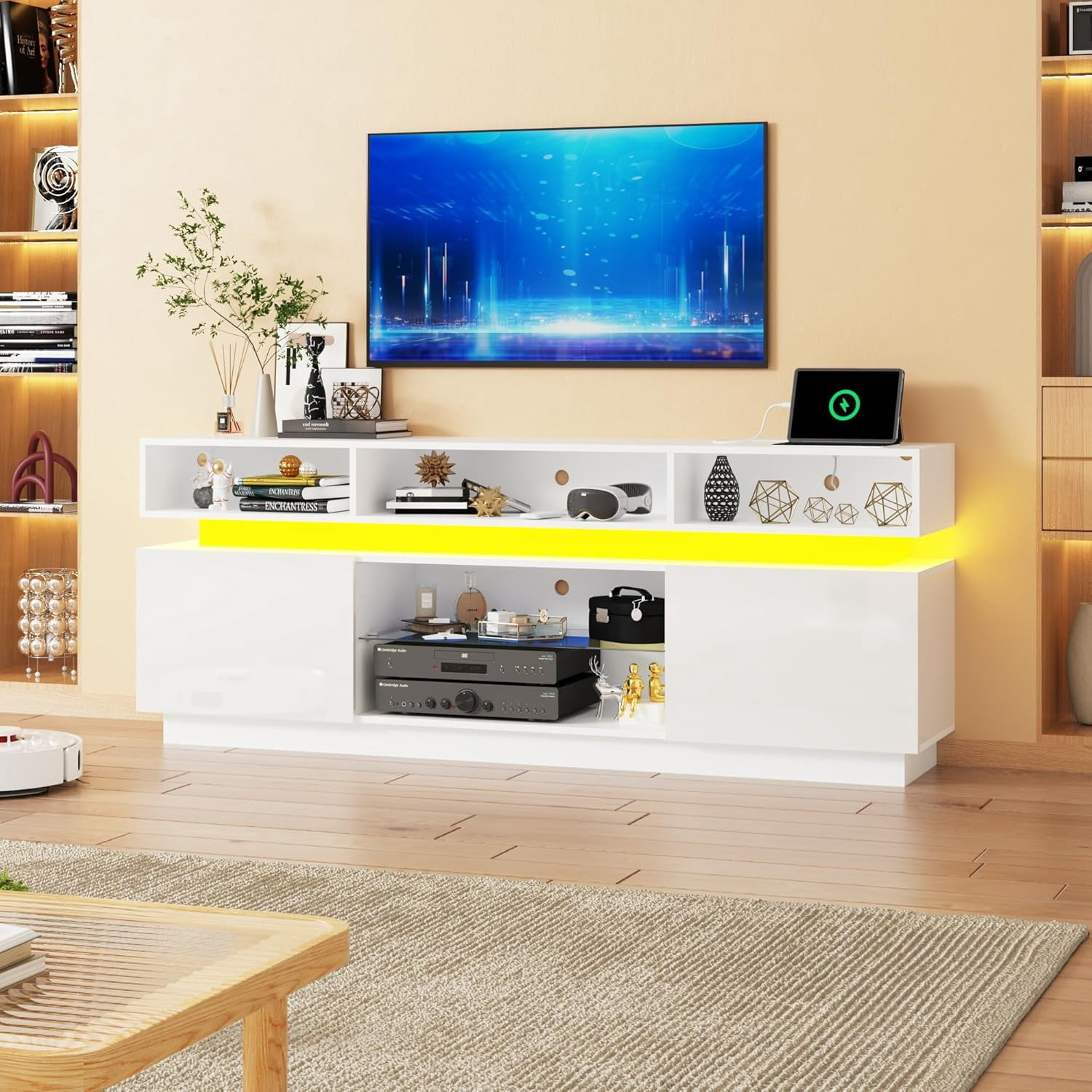 ChVans LED TV Stand for up to 70" TVs with Power Outlet, Modern Tall Entertainment Center with Storage, High Gloss Gaming TV Media Console with 2 Storage Cabinets for Living Room, Bed Room