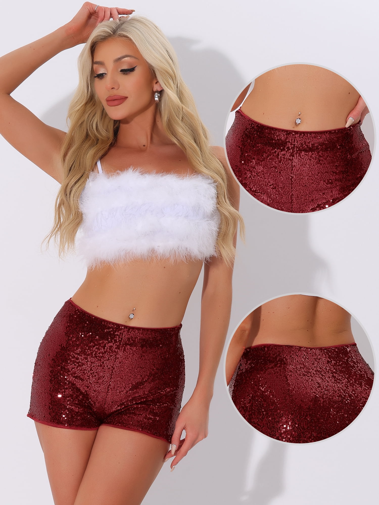DARING DIVA Women's Midrise Solid Sparkle Coctail Elastic Waist Sequin Shorts M Dark Red