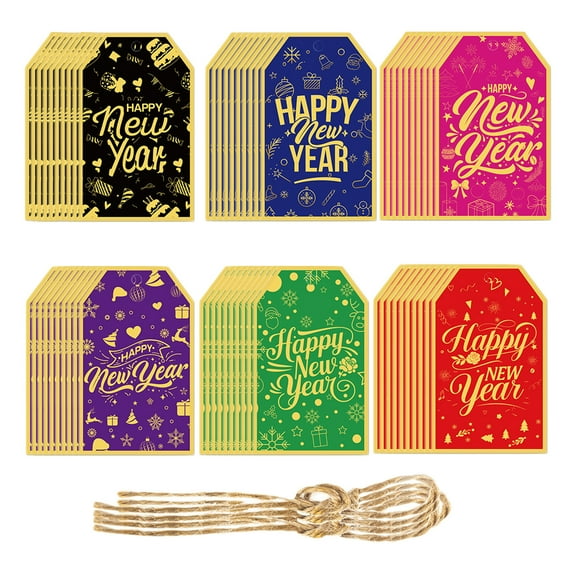 60 Pcs Gold Foil Gift Tags With String, 9X5.5Cm For New Year Party, Cardstock Paper, Elegant Design