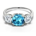 thumbnail image 3 of Gem Stone King 3.74 Cttw Swiss Blue Topaz and White Moissanite 3 Stone Engagement Ring for Women | 925 Silver | Gemstone Birthstone | Cushion 8MM | Three Stone Wedding Anniversary Ring | Size 6, 3 of 6