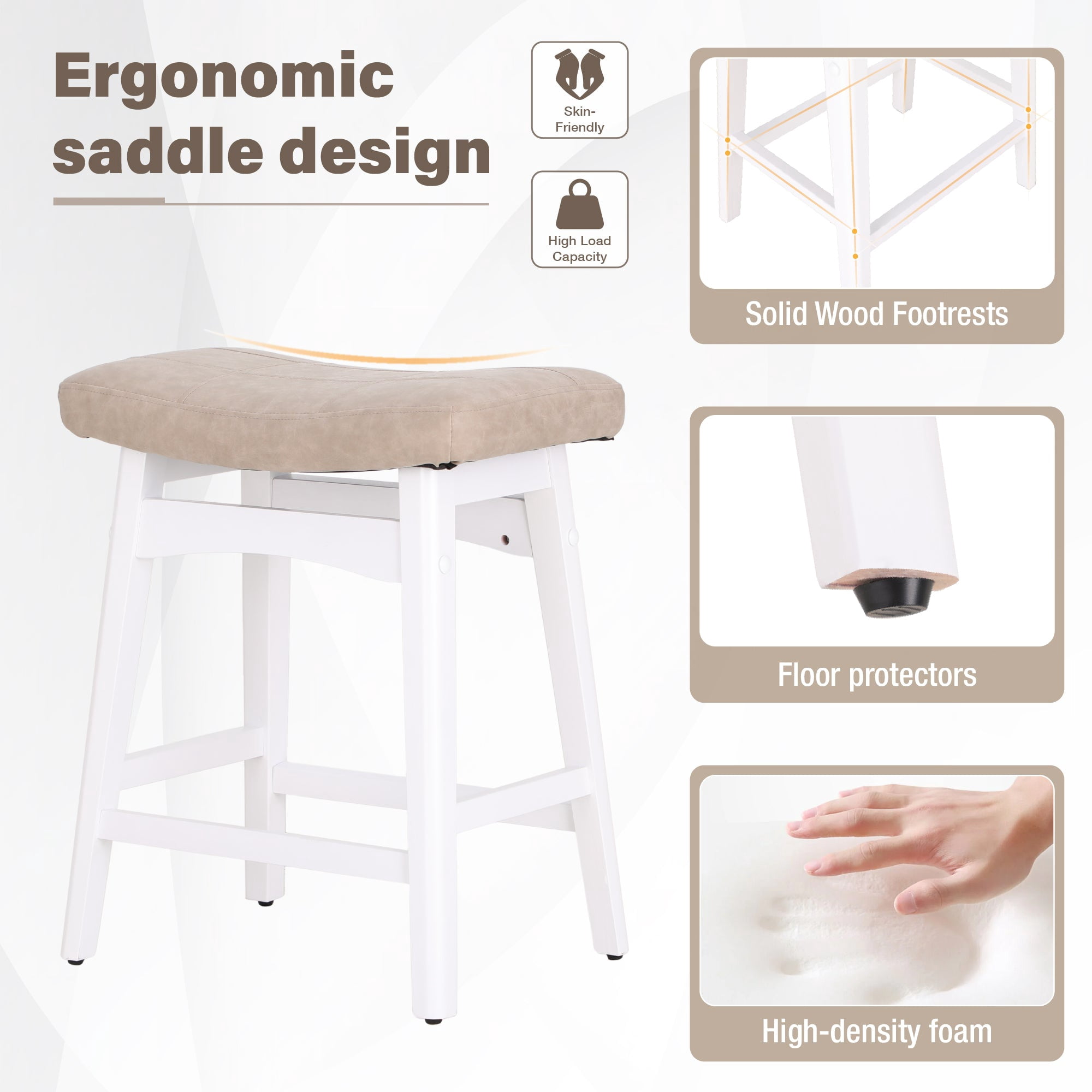 Summit Living 24 inch Counter Height Wood Bar Stools Set of 2 for Kitchen Saddle Backless Faux Leather Stools Chairs, White