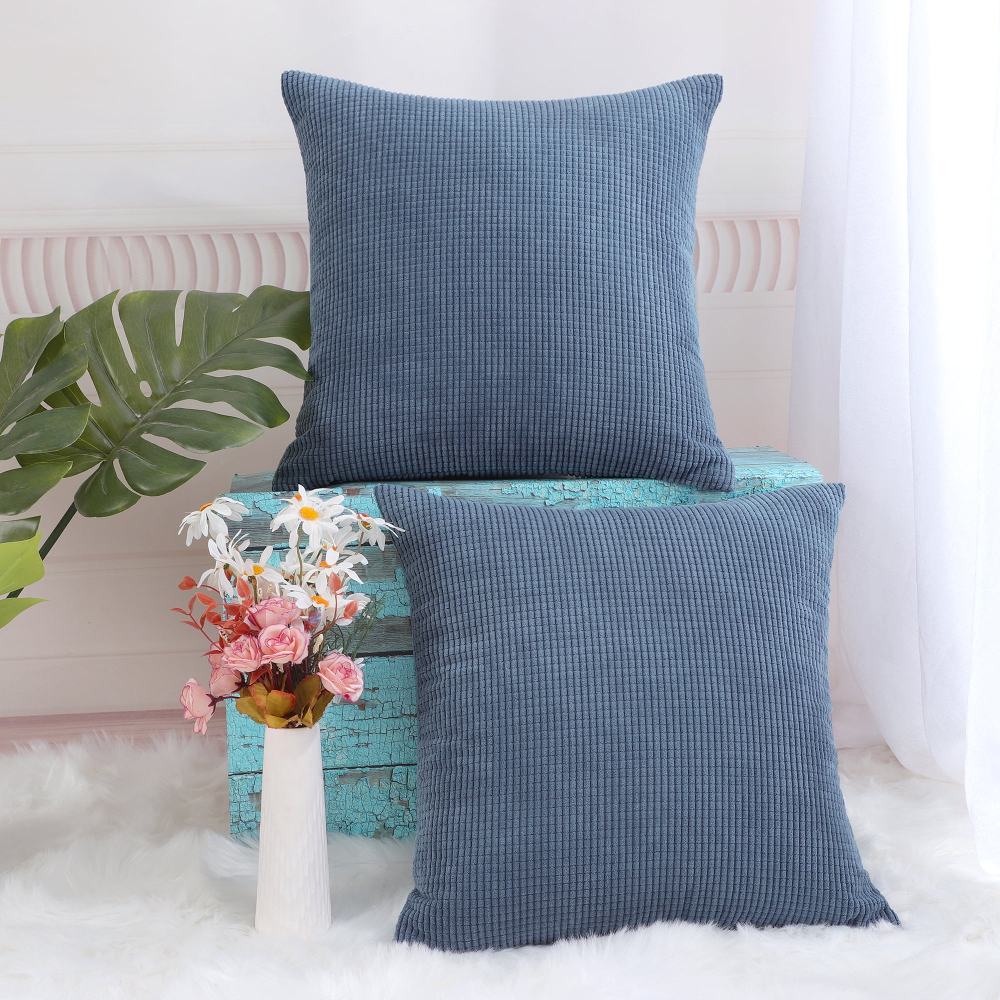 Unique Bargains 2-pcs Corduroy Decorative Throw Pillow Covers Teal Blue 20"x20"