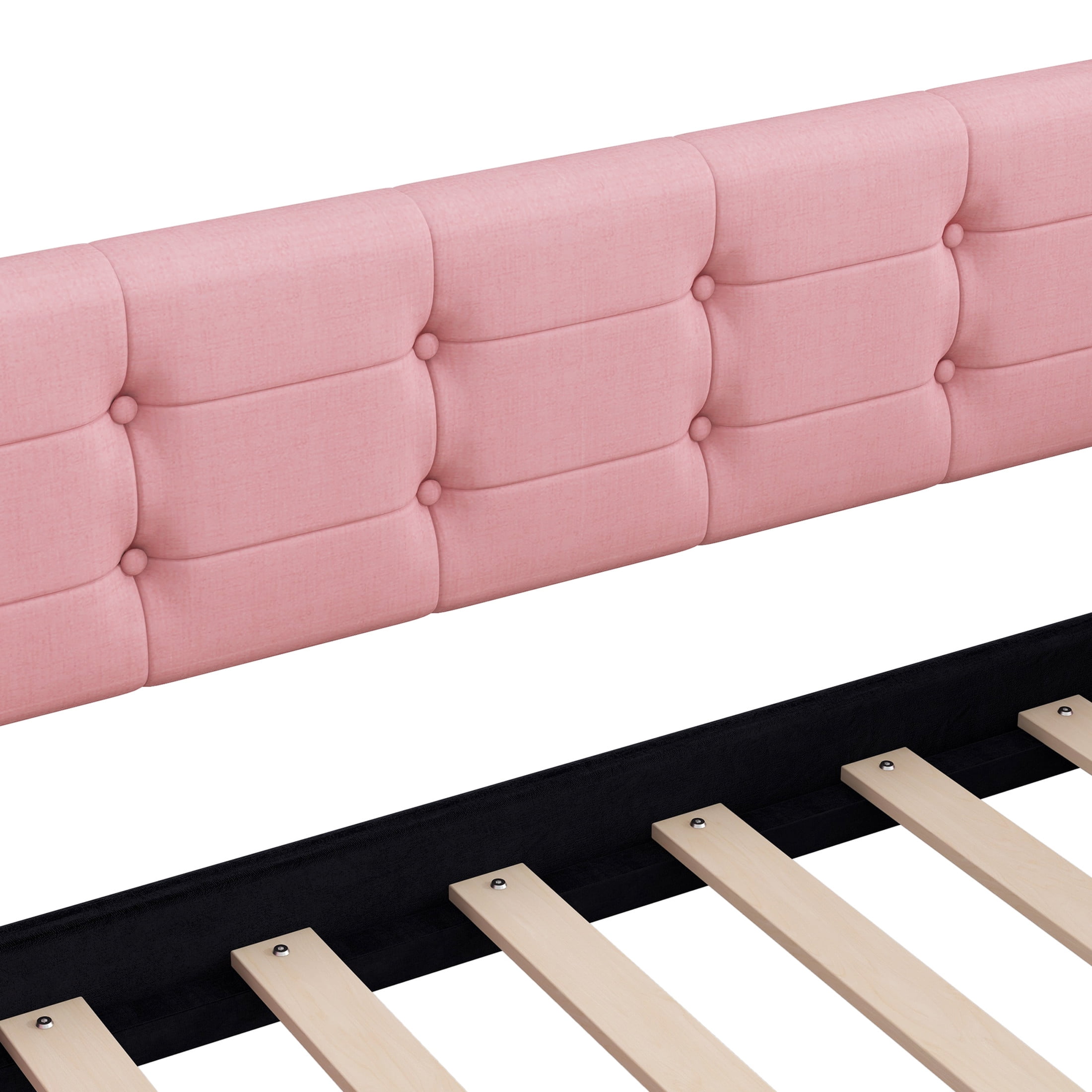 Noble House Havina Queen Upholstered Daybed, Button Tufted Linen Sofa Guest Bed with Slat Support Frame, Pink