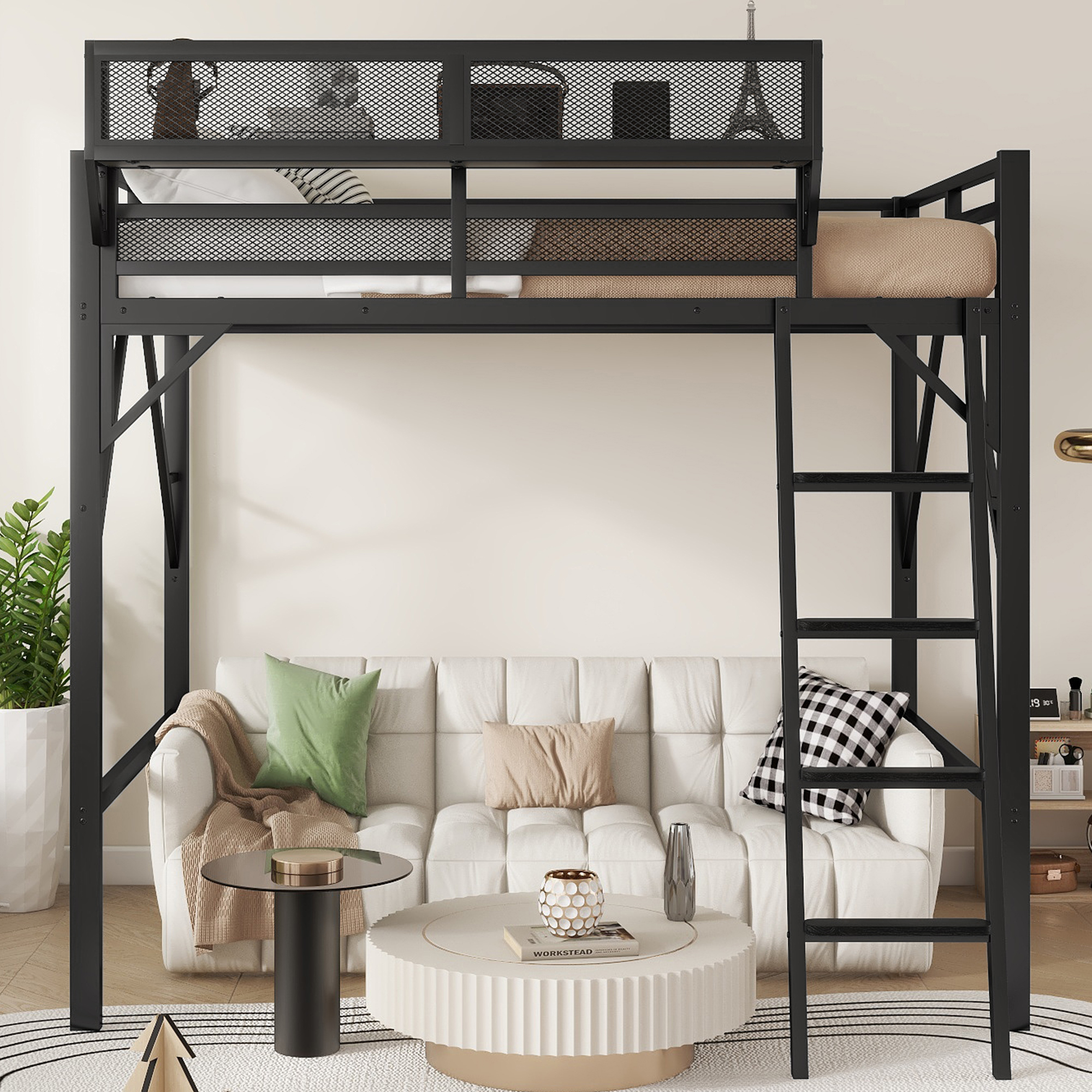 Full Size Loft Bed with Ladder, Metal Loft Bed with Storage Shelves, High Loft Bed for Kids Teens, Black