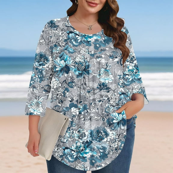 T Shirts for Women 3/4 Sleeve Round Neck Gradient Plus Size Solid Color T-shirt Home Casual Top Light Blue XL