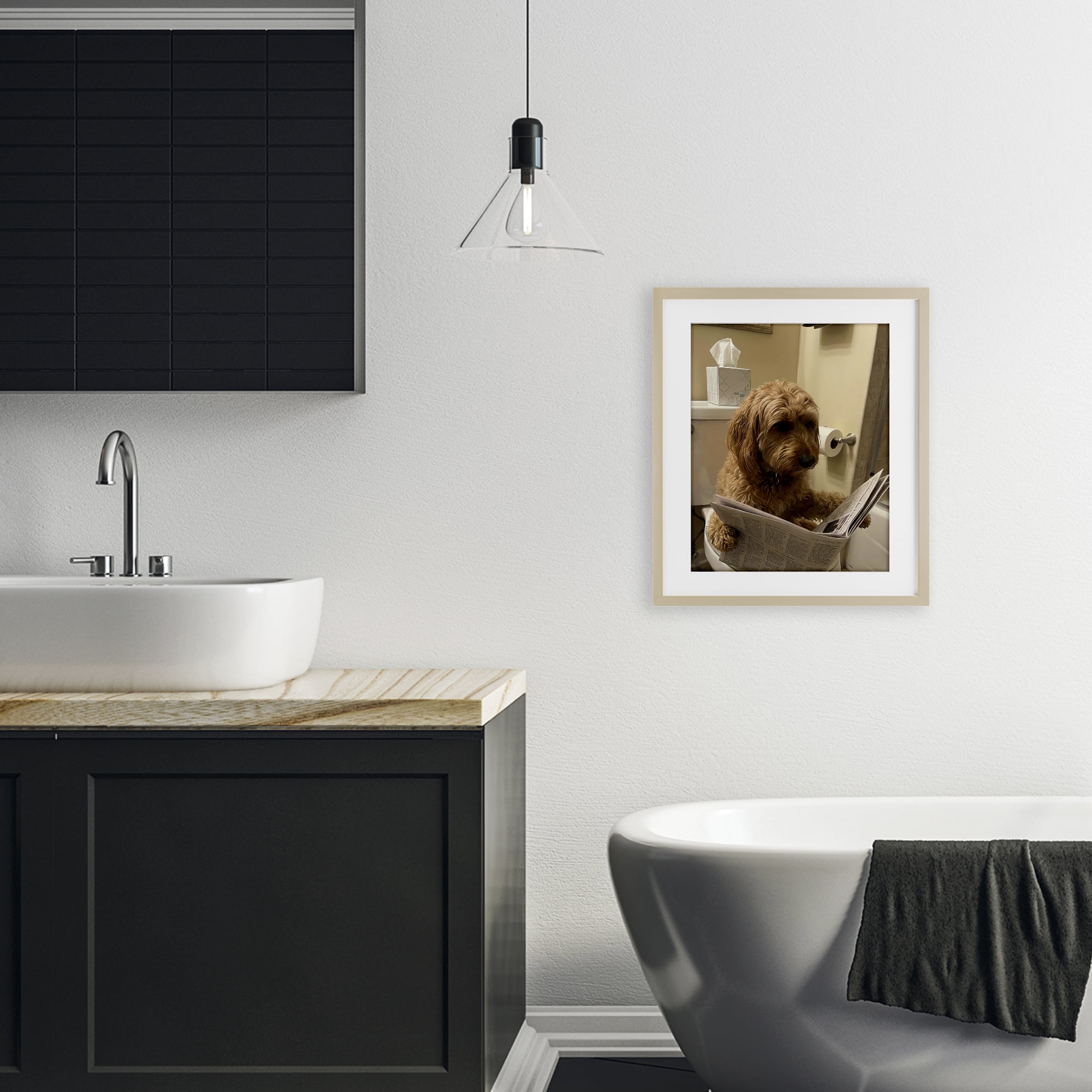 Stupell Industries Dog & Paper on Toilet Birch Framed Print Under Glass, design by Abigail Walker