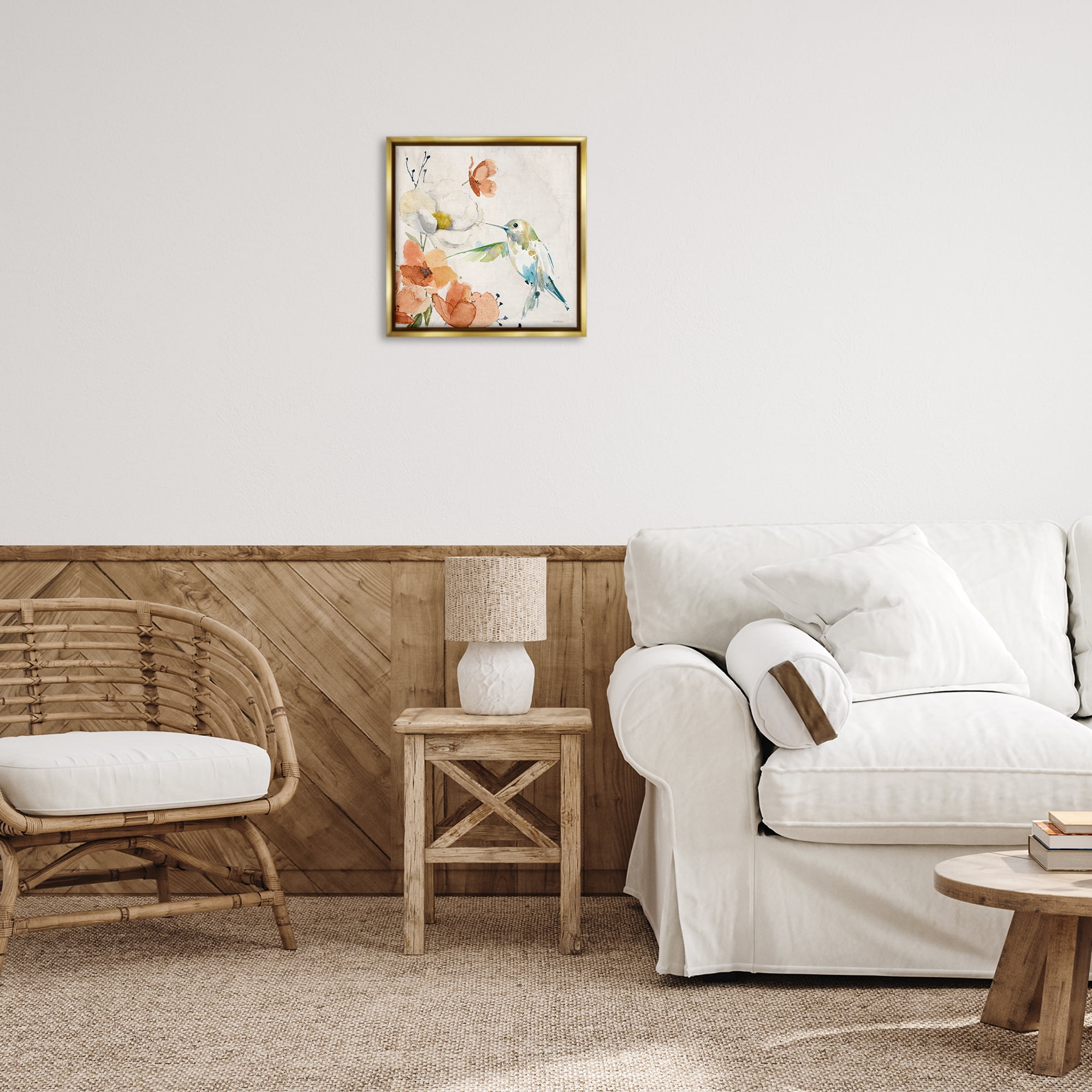 Stupell Industries Cottage Flowers & Bird Plants & Flowers Painting Gold Floater Framed Canvas Art Print Wall Art, 18 x 18