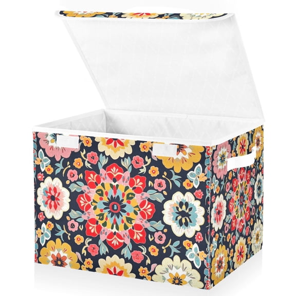 Yayeee Collapsible Storage Bin with Lid Fabric Closet Decorative Basket with Handles, Colorful Floral Pattern