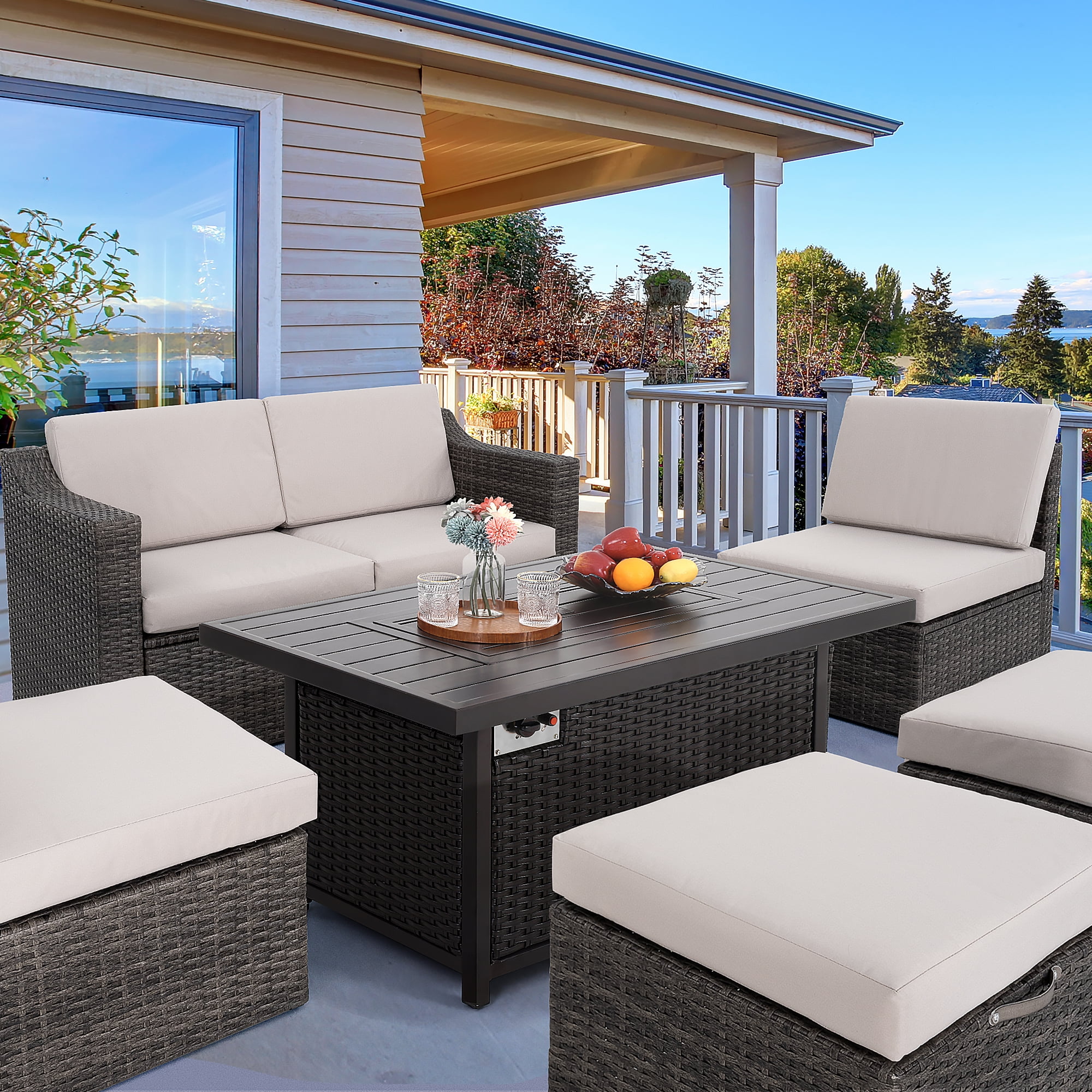 HAPPATIO 50,000 BTU Wicker and Aluminum Patio Fire Pit Table (Gray)