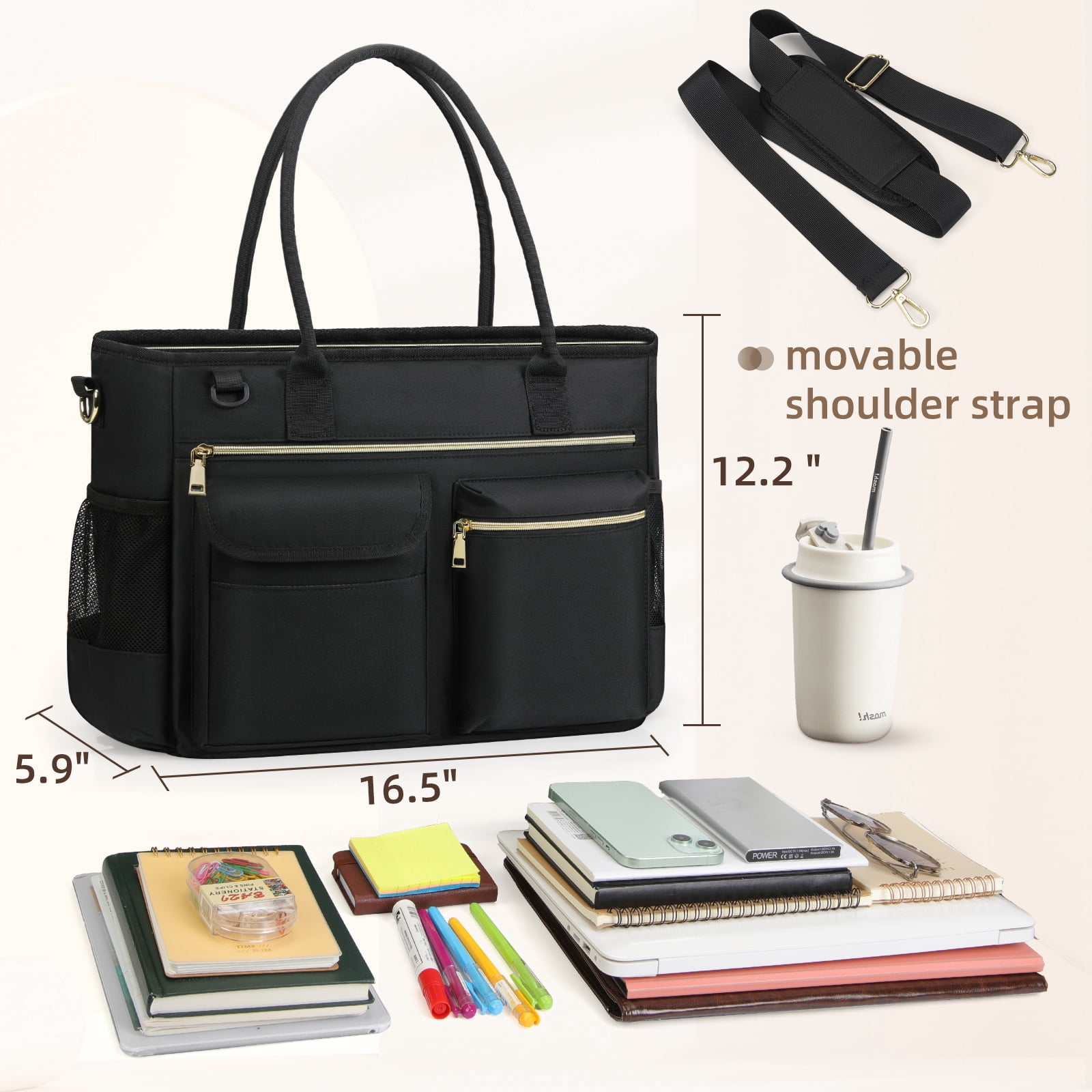 RAINSMORE Laptop Bag for Women 15.6 Inch Teacher Tote Bag Nurse Bag Laptop Tote Briefcase Messenger Shoulder Bags Large Handbag Business Office Work,Black