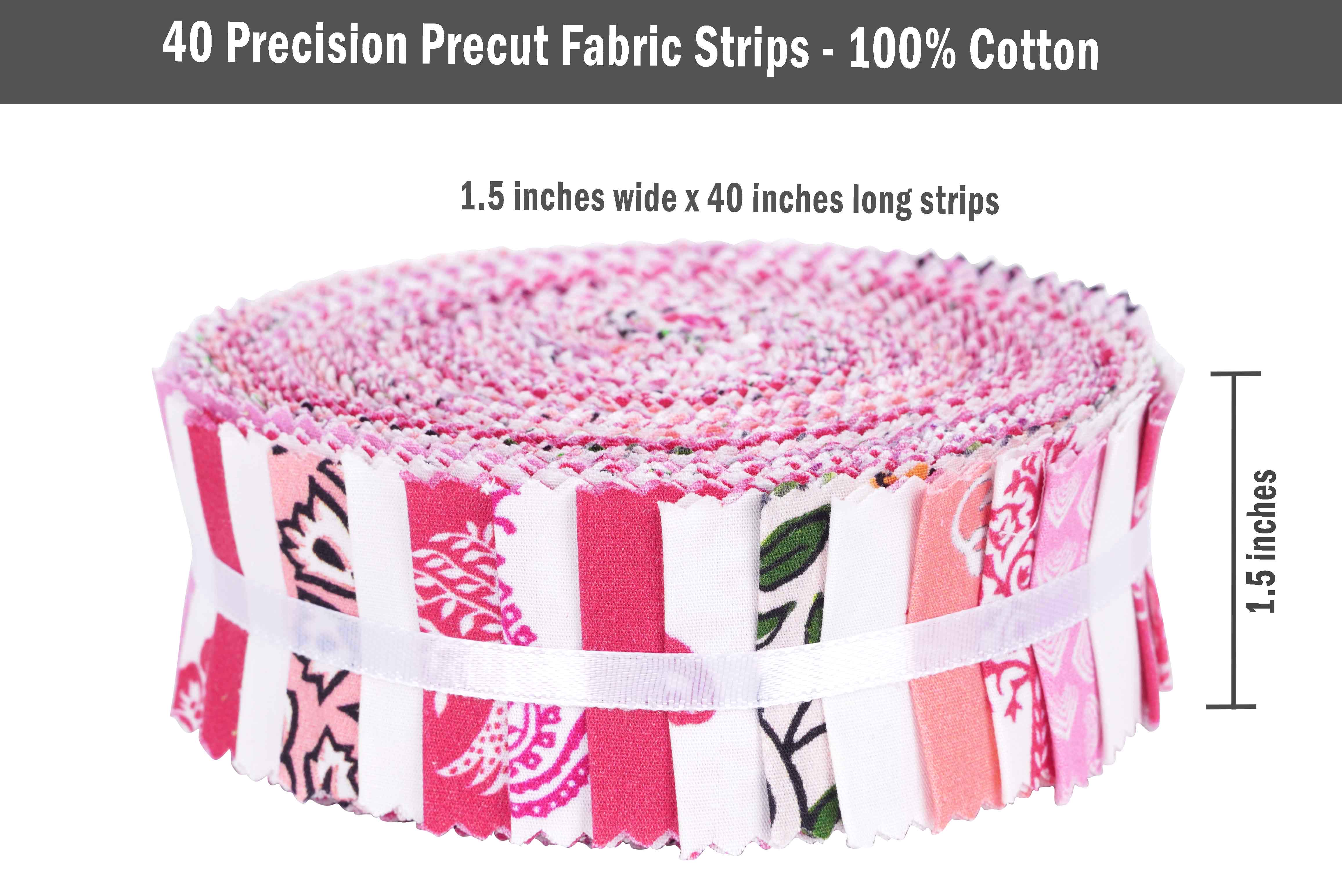 Soimoi 40Pcs Block Print Precut Fabrics Strips Roll Up 1.5x42inches Cotton Jelly Rolls For Quilting - Rose Pink