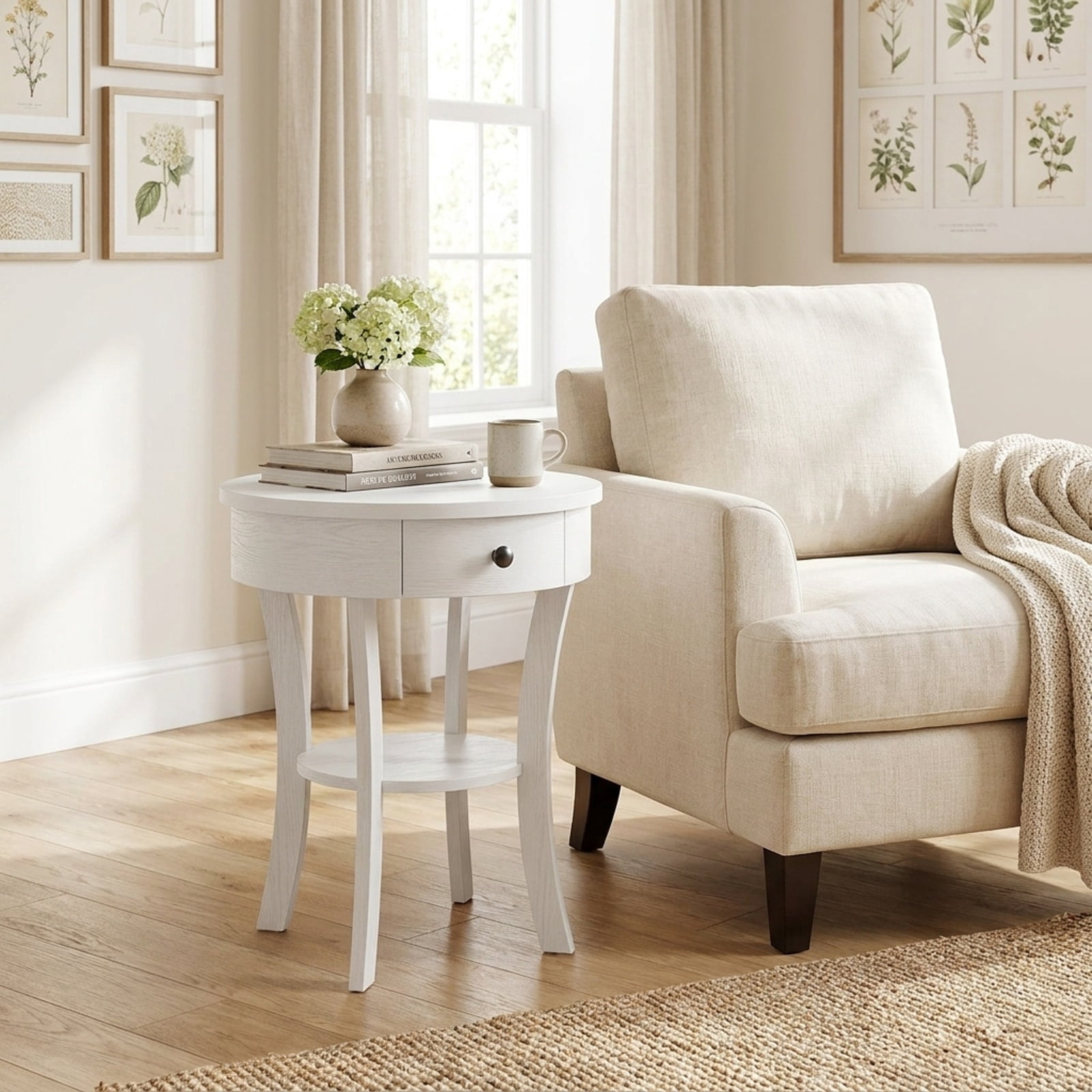 Furnibear 2 Tier Round End Table with Open Drawer and Bottom Shelf and Rubber Wood Legs for Living Room Bedroom and Sofa Side Storage, White