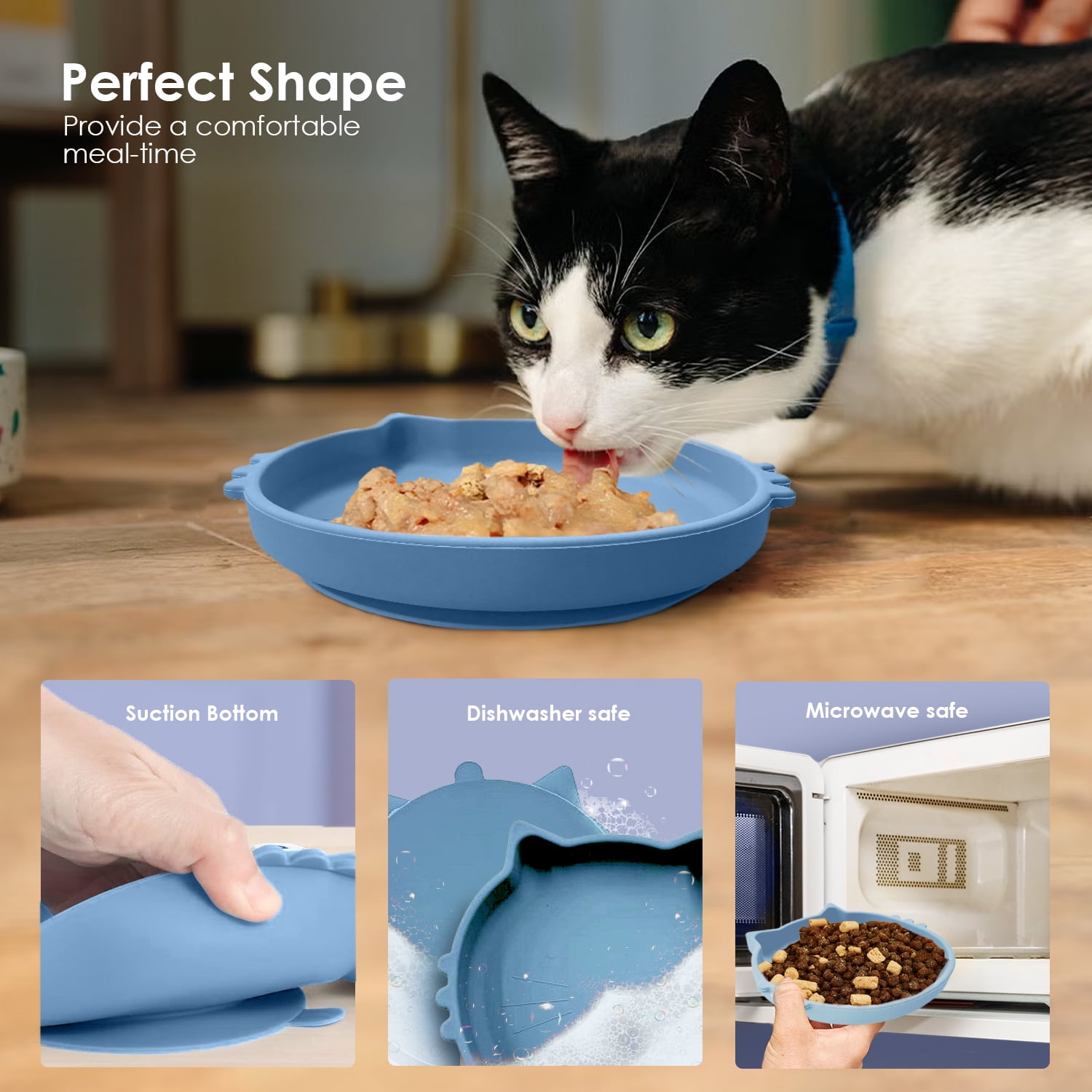 P.T. Supply Co. Blue Cat Shaped Silicone Pet Bowl with Non-Slip Suction Base