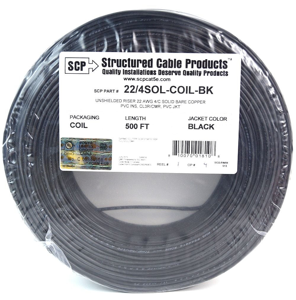 22 Gauge 4 Conductor 500 Feet Solid Copper Security Alarm Wire Black UL