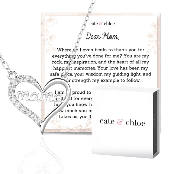 Cate & Chloe Louise 18k White Gold Plated Mama Necklace with Heartfelt Message Card, Gift for Mom
