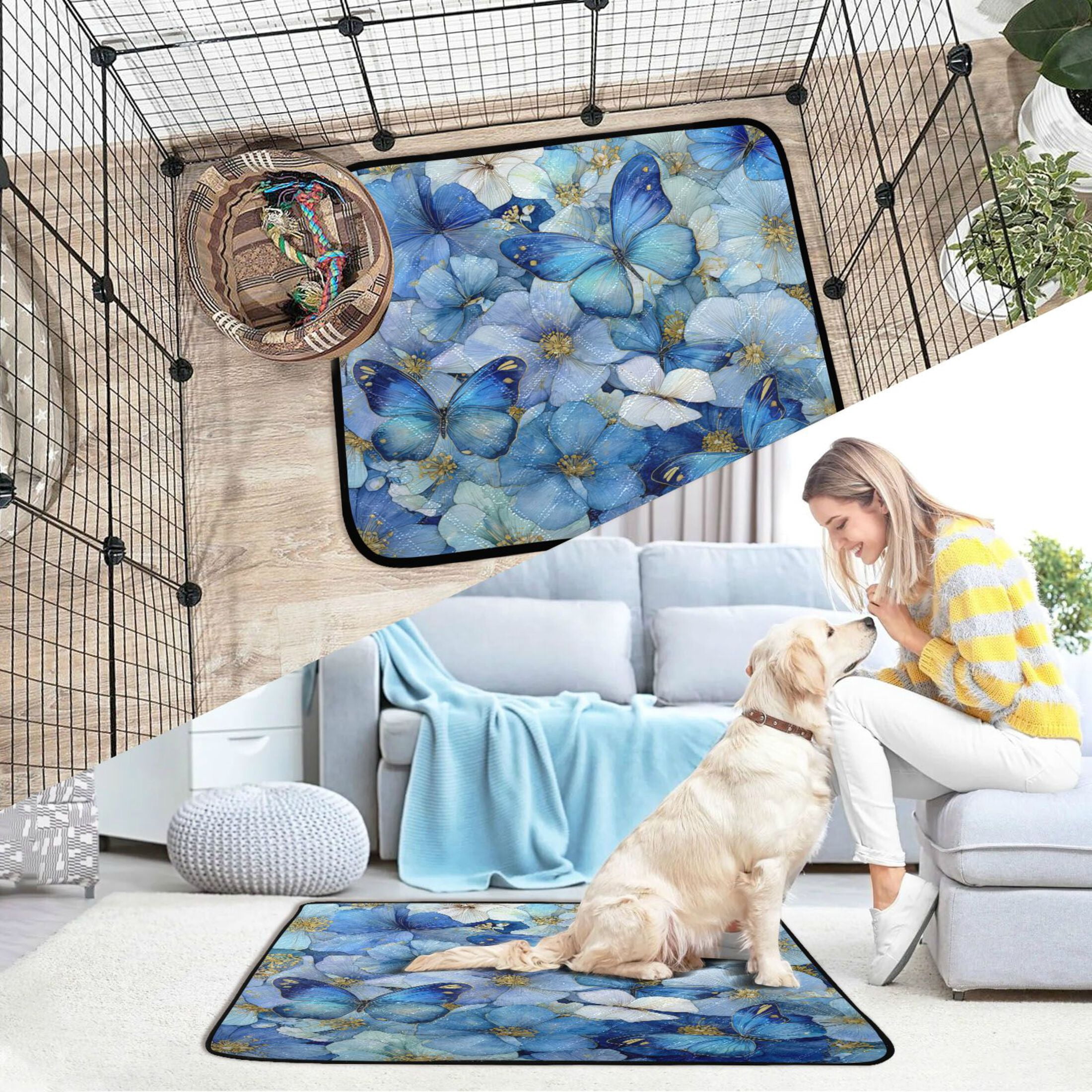 Qxltty Pale Blue Butterfly Cat litter Pads Pet Set of 2 Diaper Mats Center Anti-leakage Layer Absorbent Soft and Comfortable