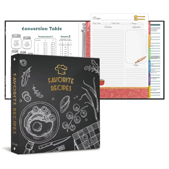 Recipe Binder 8.5x11 3 Ring with Plastic Sleeves & 30 Blank Full-Page Recipe Cards, Cookbook Binder to Write in Your Own Recipes (Blackboard Painting)