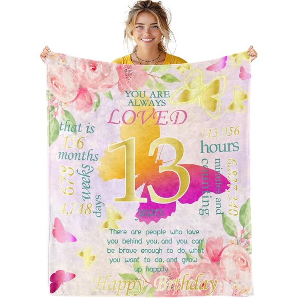 Cadeaux de 13e Anniversaire pour Filles - Cadeaux d'Anniversaire pour Fille de 13 Ans, Couverture Jetée à Fleurs et Papillons pour Filles, Couverture Jetée en Flanelle Douce pour Cadeaux d'Anniversaire pour Enfants, Couverture Colorée Déco pour la Maison, 50"x40 Pouces