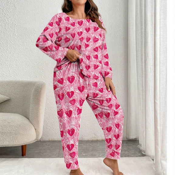 SYMOID Womens Plus Size Red Heart Print Loungewear Set - Ultra-Soft Polyester Spandex, Long Sleeve Boat-Neck Top & Elastic-Waist Jogger Pants (XL-XXL),Size 5XL