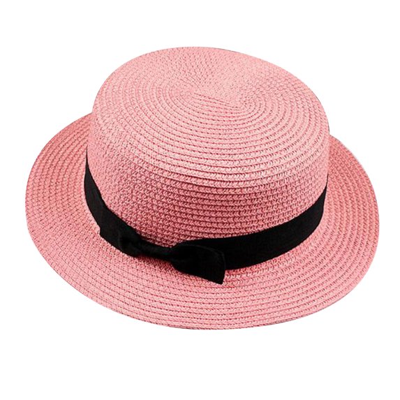 Ayyufe Summer Boater Ribbon Bowknot Solid Color Round Flat Straw Sun Cap Women Hat