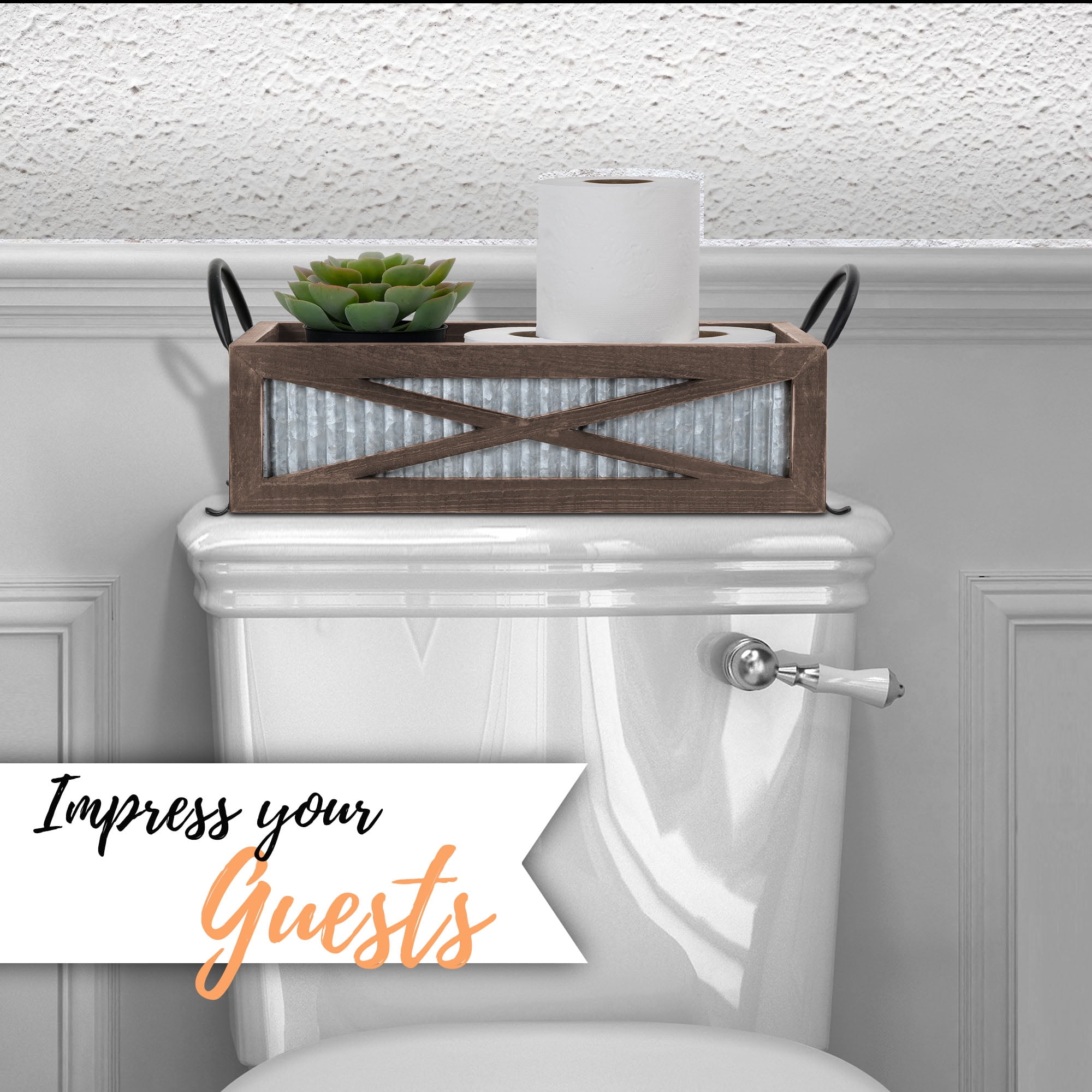 Autumn Alley Farmhouse Toilet Paper Basket for Back of Toilet - Farmhouse Toilet Paper Holder - Warm Brown Stain