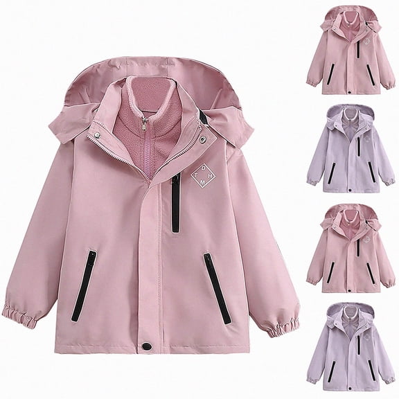 Afuyipoi Girls Hooded Jacket Waterproof Windbreaker Detachable Liner Outdoor Size 4-15 Purple Size 5T