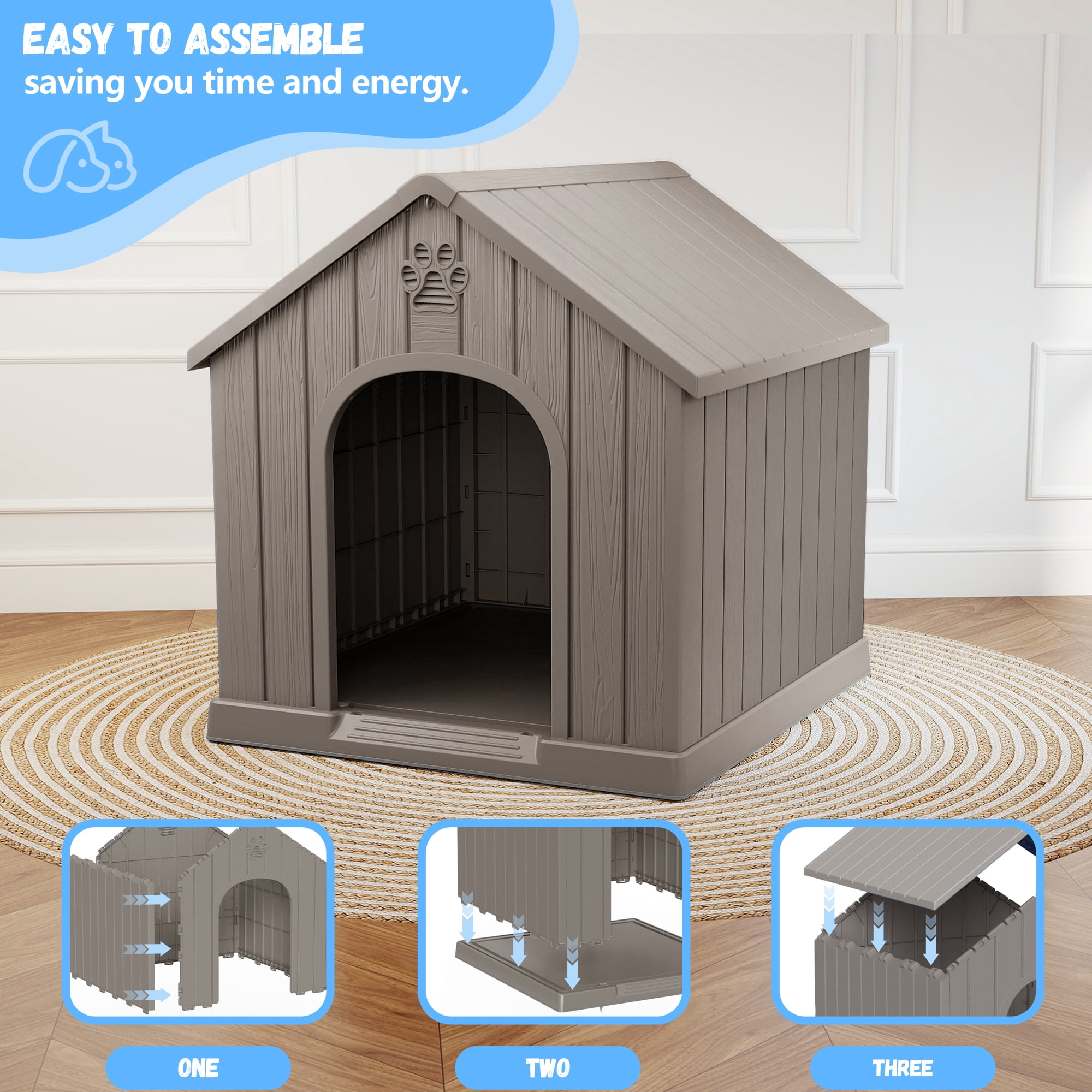 FICARTS Indoor/Outdoor Weather-Resistant Dog House, Elevated Pet Shelter with Sloped Roof & Ventilation, Durable Dog Kennel for Medium to Large Dogs