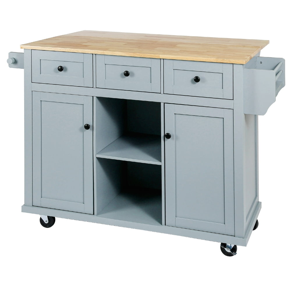 Kitchen Island Cart with Drop-Leaf Countertop, Rolling Storage Cart with 3 Storage Drawers & Adjustable Shelves, Modern Buffet Cabinet with Spice Rack and Towel Rack for Dinning Room, Blue