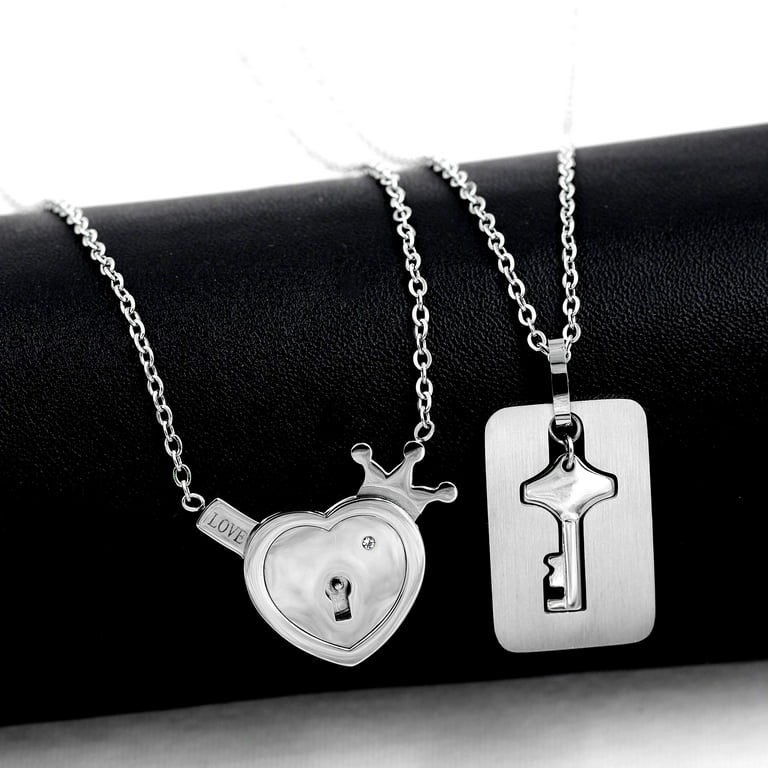 Silver Heart Lock and Key Couples Necklace Real Working Lock