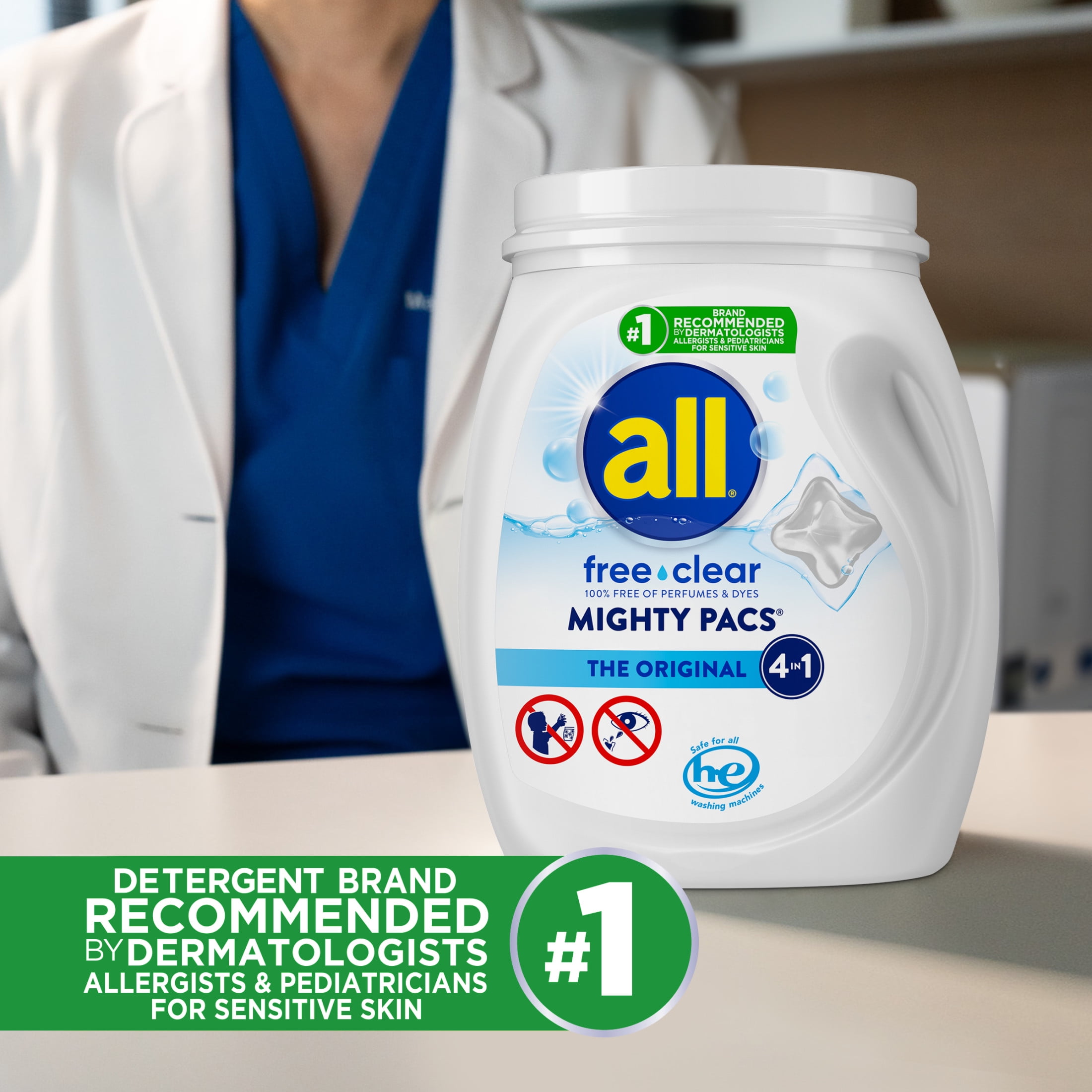 (6 pack) (6 pack) all Mighty Pacs Laundry Detergent Pacs, Free Clear for Sensitive Skin, Unscented and Dye Free, 19 Count