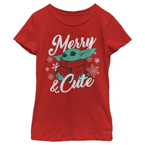 Girl's Star Wars: The Mandalorian Christmas The Child Merry and Cute  Graphic Tee Red Medium