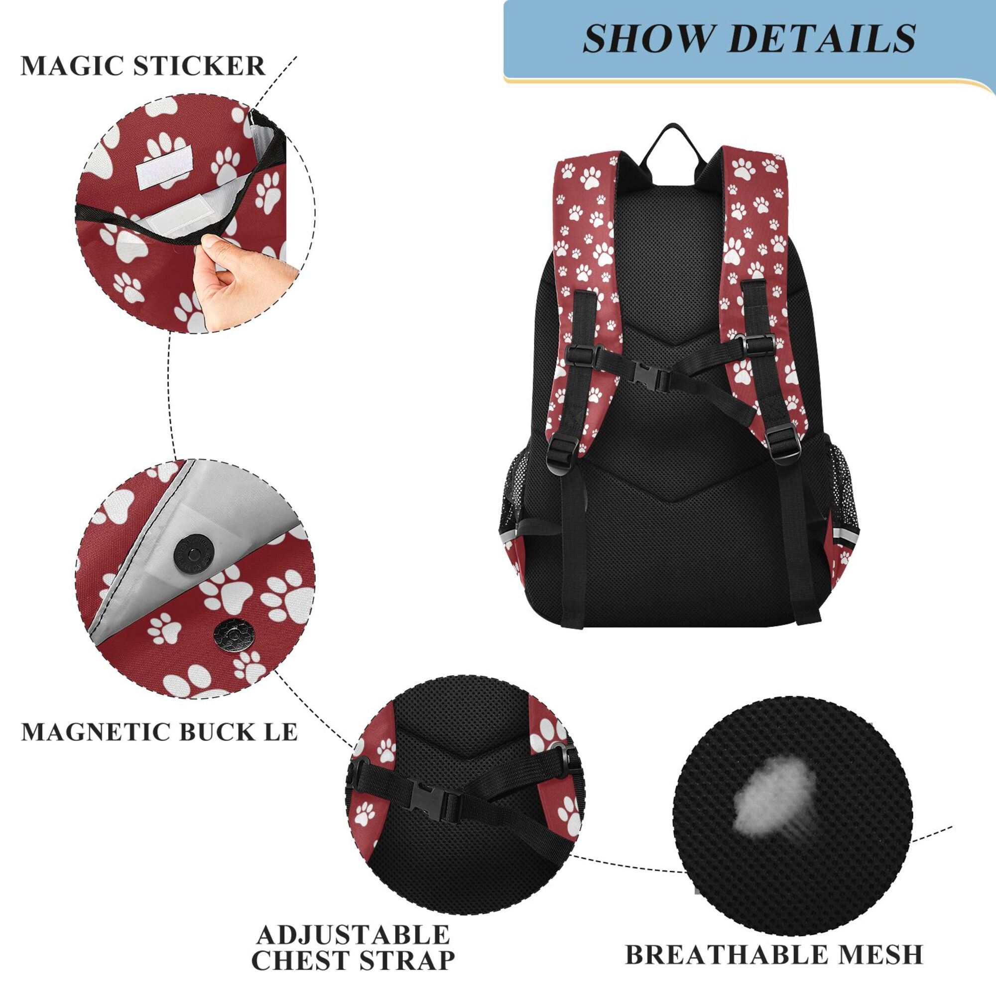 Mochila para niños para la escuela unisex 17" casual con compartimentos, estampado rojo de patitas de dibujos animados 4