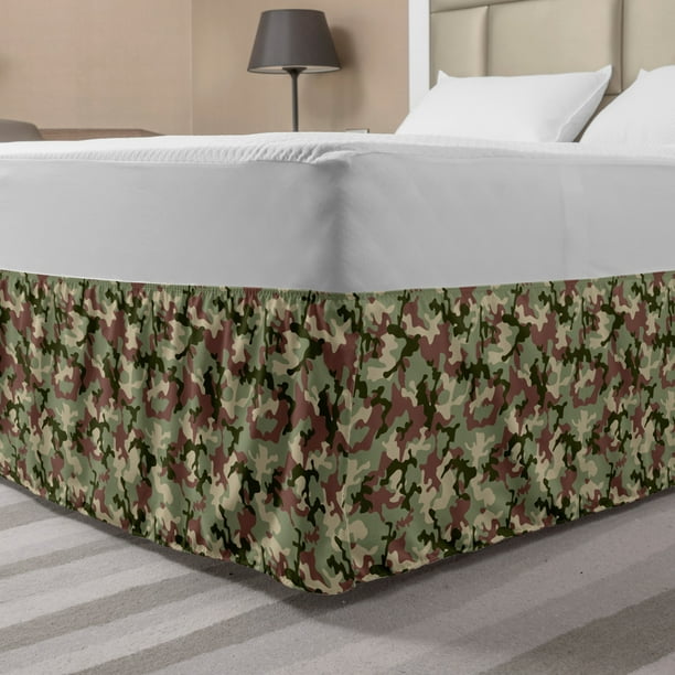 Camo Bed Skirt, Illustrated Green Camouflage in Forest Colors Hunter