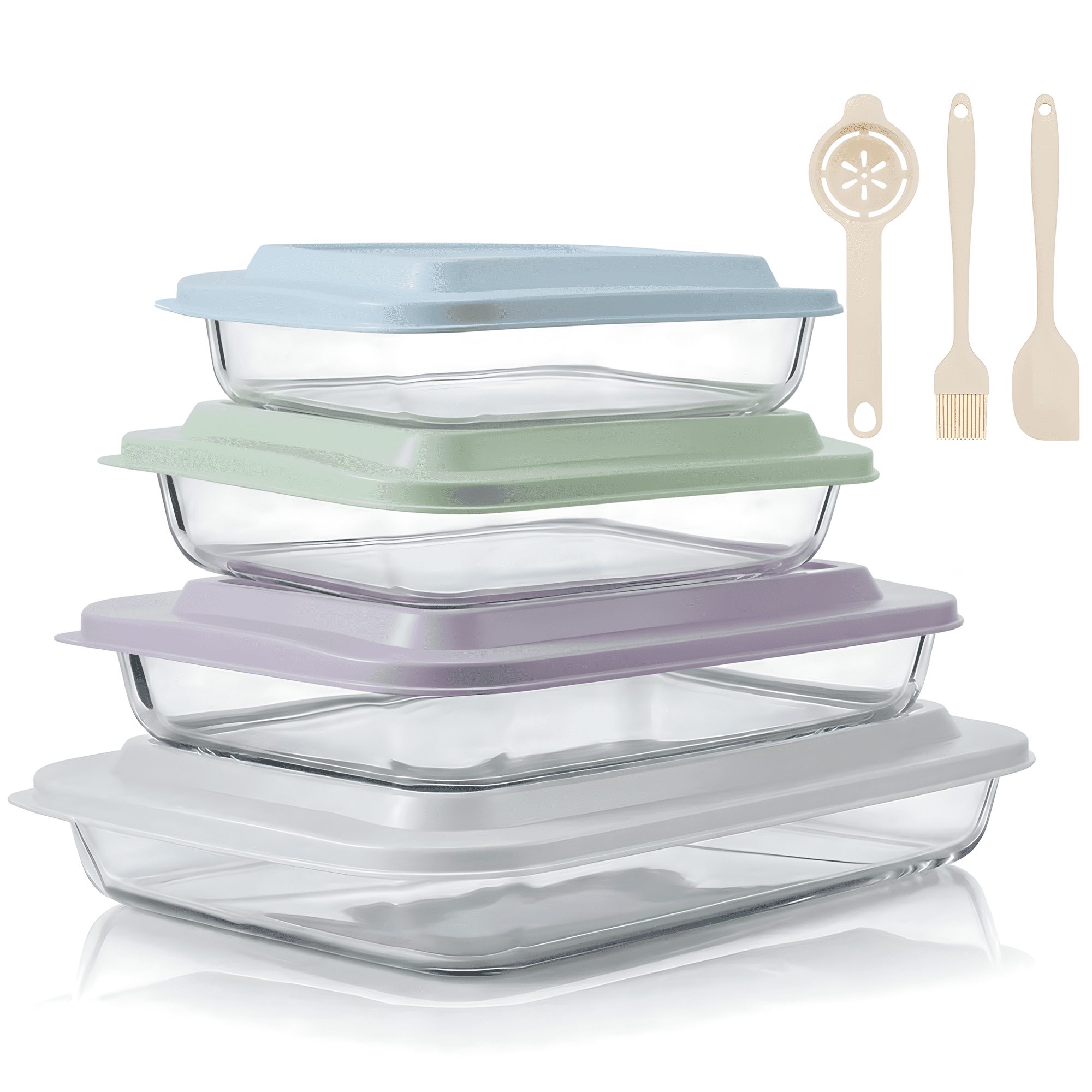 11 Pcs Deep Glass Baking Dish Set with Lids/Egg Separator/Brush/Spatula, Rectangular Glass Baking Pans Bakeware Set for Lasagna, Leftovers, Cooking, Freezer-to-Oven, Multicolor