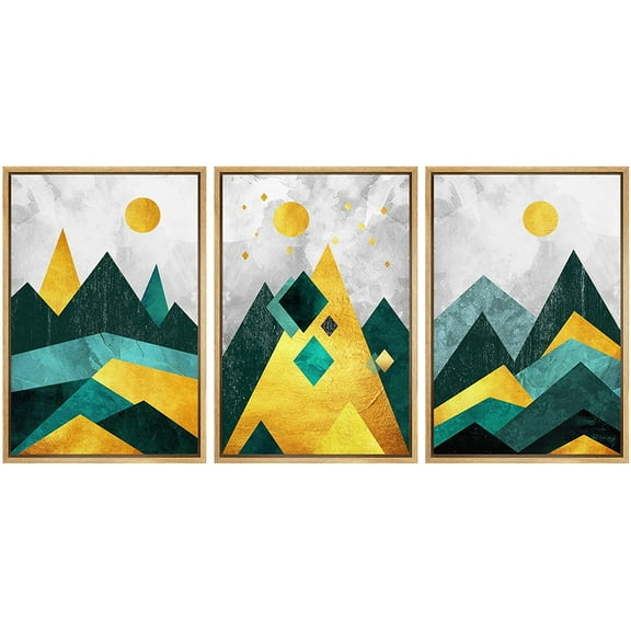 wall26 Framed Wall Art Print Set Gold, Teal and Green Geometric Mountains Nature Wilderness Illustrations Modern Art Rustic Colorful Multicolor for Living Room, Bedroom, Office - 24"x36"x3