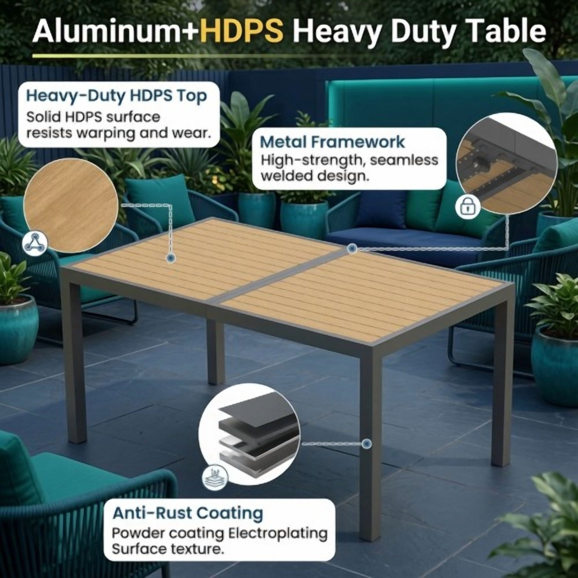 7-Piece Grey Patio Dining Set, 59 in. All-Weather HDPS Aluminum Table & 6 Textilene High-Back Chairs, Heavy-Duty 6-Seat Outdoor Furniture
