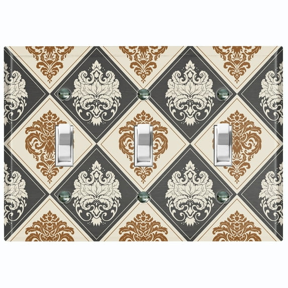 Metal Light Switch Plate Outlet Cover (Damask Diamond Dark Two Tone Tan Pattern - Triple Toggle)