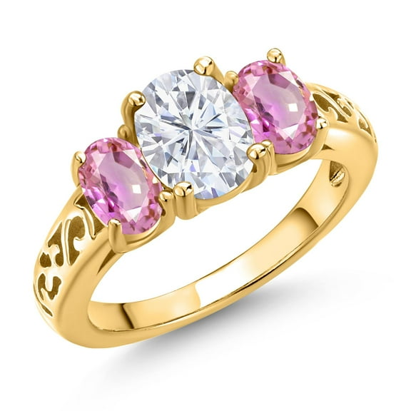 Gem Stone King 18K Yellow Gold Plated Silver White Moissanite and Pink Sapphire Filigree Style 3 Stone Ring for Women (2.70 Cttw, Oval 8X6MM and 6X4MM) (Size 9)