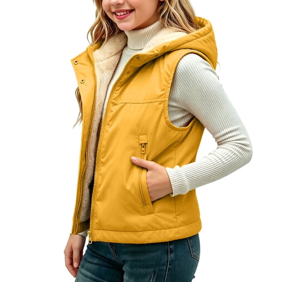 Kids Hooded Padded Vest, Winter Fleece Lined Thick Quilted Coat, Sleeveless Warm Outerwear For Kids Yellow 1-2 Years