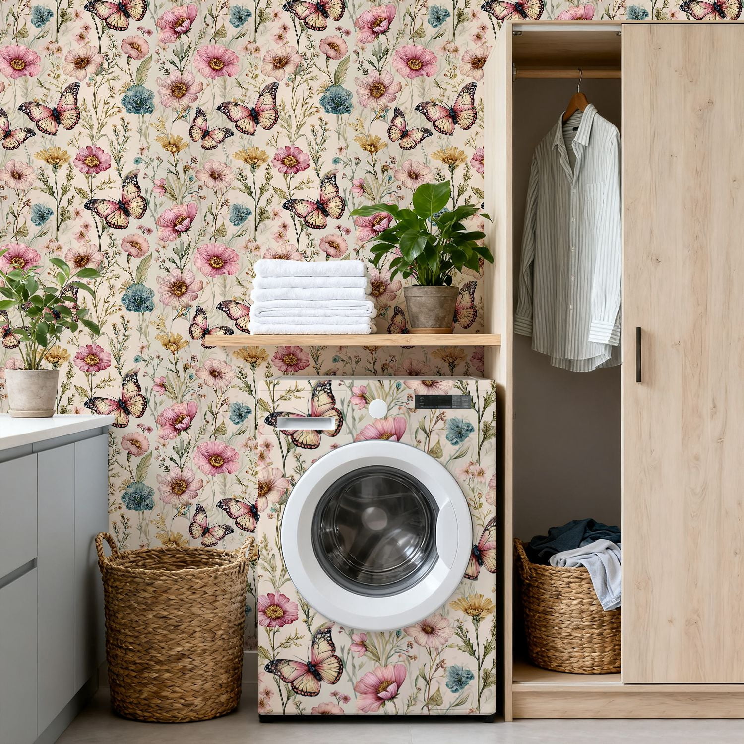 Peel and Stick Wallpaper Delicate Pink Blue Floral Butterflies Botanical Spring Wall Mural 17.7in x 9.8ft Self Adhesive Removable Wall Paper Renter Friendly Wallpaper for Nursery Bedroom Cabinets