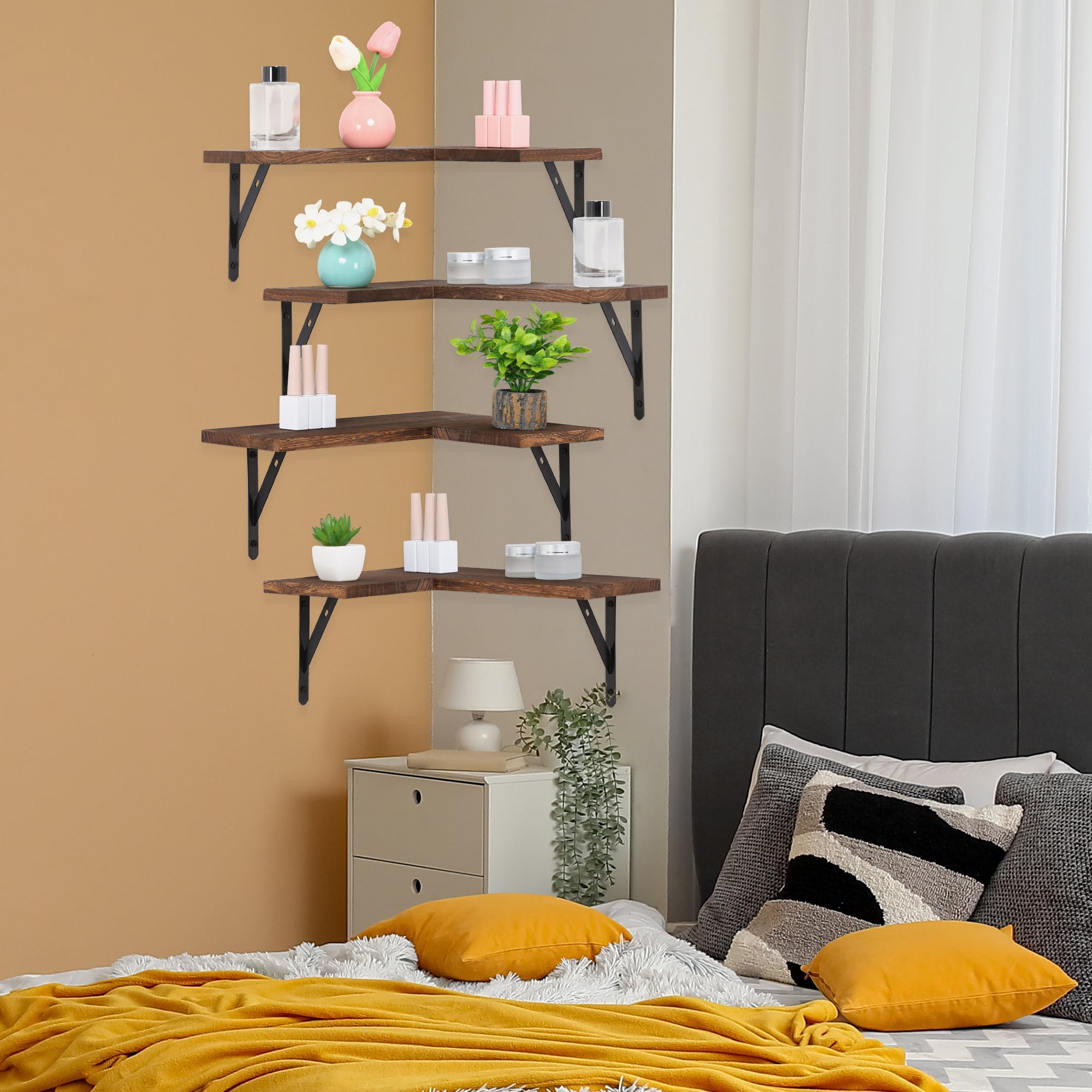 REGALWOVEN Wood Floating Shelves Set of 4, Wall Mounted Shelves for Bathroom and Kitchen Wall Decor Dark Brown 16*11.4in
