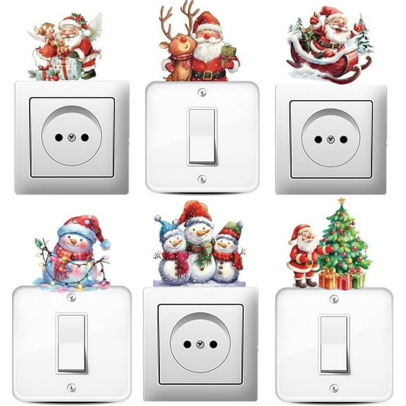 Christmas Theme Light Switch Stickers - Santa Claus Elk Christmas Tree Snowman Wall Decals for Outlets Ledge Vehicle and Home Decor (6Pcs)