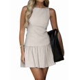 thumbnail image 2 of Women Dresses Cute Sleeveless Boat Neck Bowknot Ruffle Pleated A Line Flowy Zipper Mini Dress Beige S, 2 of 9