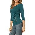 thumbnail image 4 of INSPIRE CHIC Women's Button Decor V Neck 3/4 Sleeve Solid Blouse Knitted Ruched Top, 4 of 6