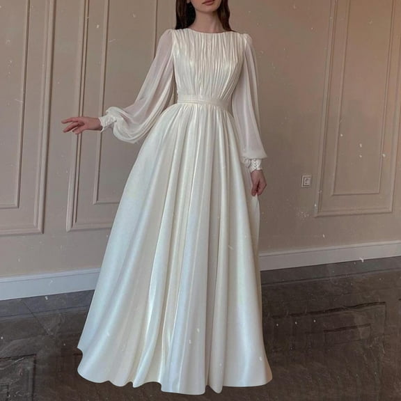 Family Gifts Ndbuld Women's Floral Vintage Dress Ladies' Solid Color Fashion Lantern Pearl Yarn White Wedding Dress Round Neck Dress,White,M