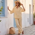 thumbnail image 5 of Cotton Linen Sets for Women 2 Piece Batwing Sleeve V Neck Button Shirts and Wide Leg Pants Set Summer Casual Outfit, 5 of 7